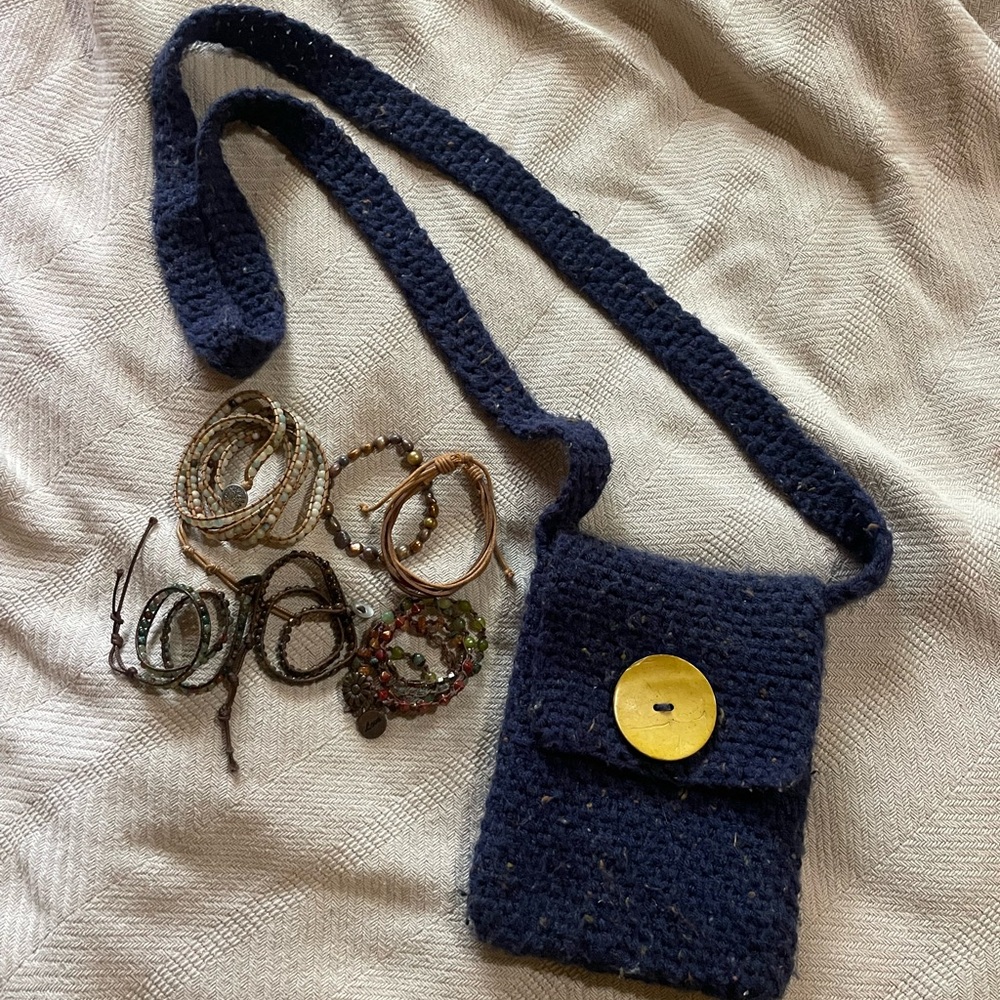 Boho Handmade Navy Crochet Bag with Wood Button + wrap bracelets!
